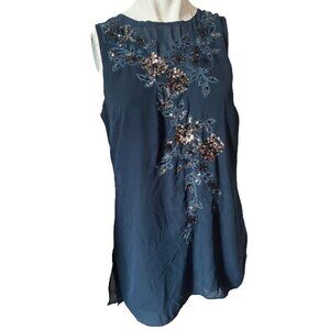 White House Black Market Sequin Floral Blouse Sz 2 (Small) Green Sheer Silky Wom